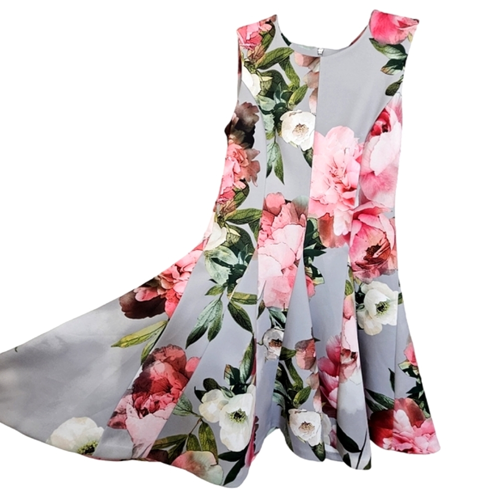 Nwt Calvin Klein Gray/Pink Abstract Floral Scuba  Sleeveless Fit& Flare Dress - Picture 9 of 17